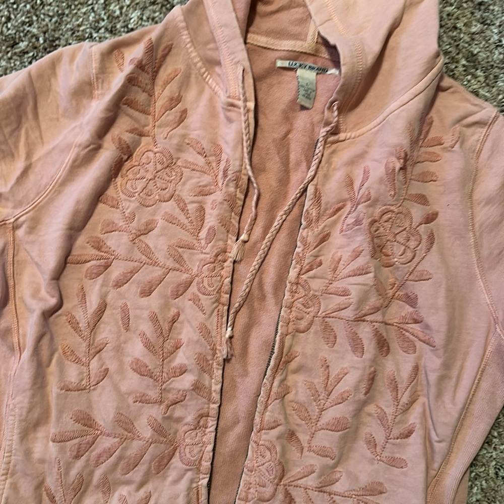 Y2K Vintage Lucky Brand Hoodie Embroidered Floral Flowers Rose Red Pink L